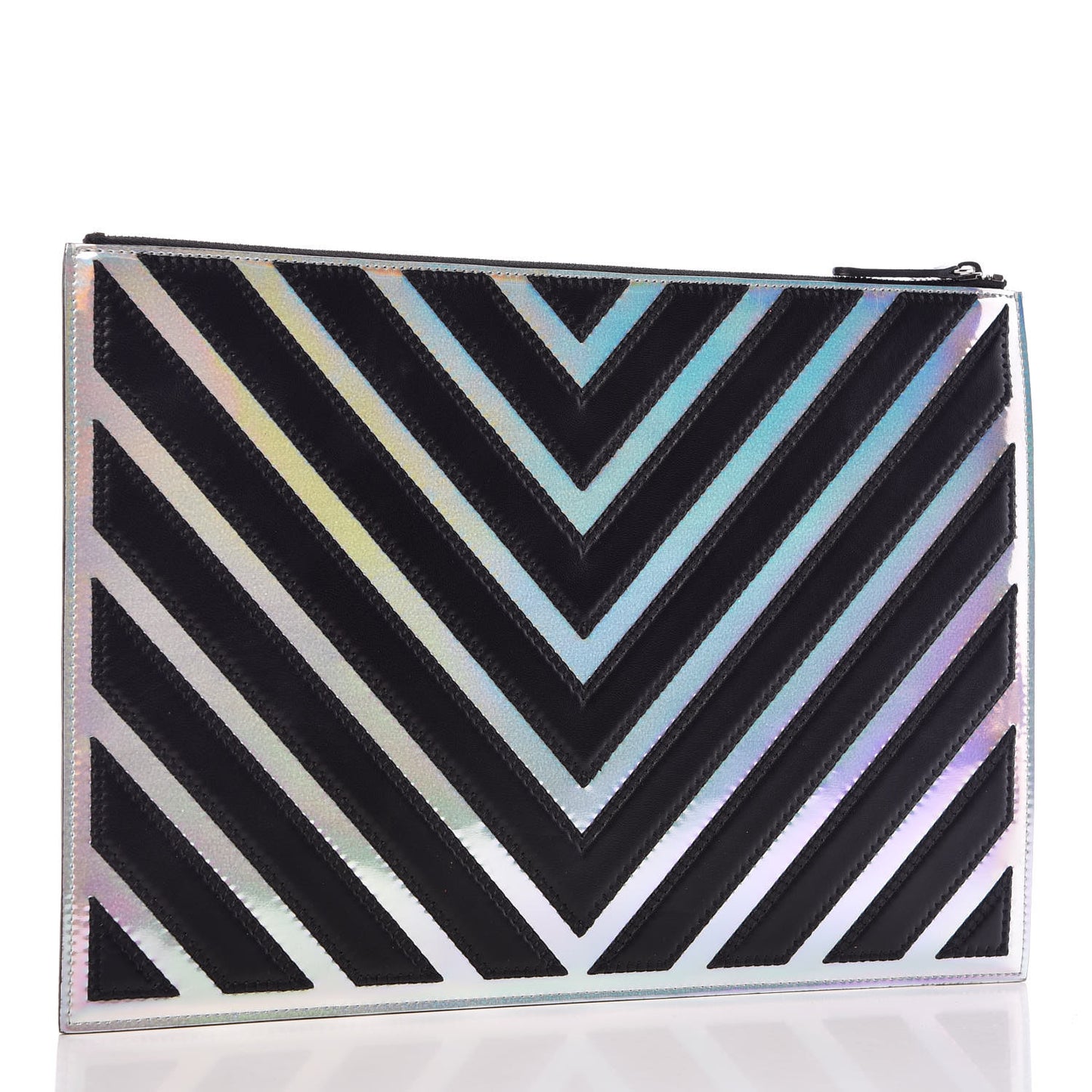 Lambskin Metallic Chevron Zip Pouch Black Silver