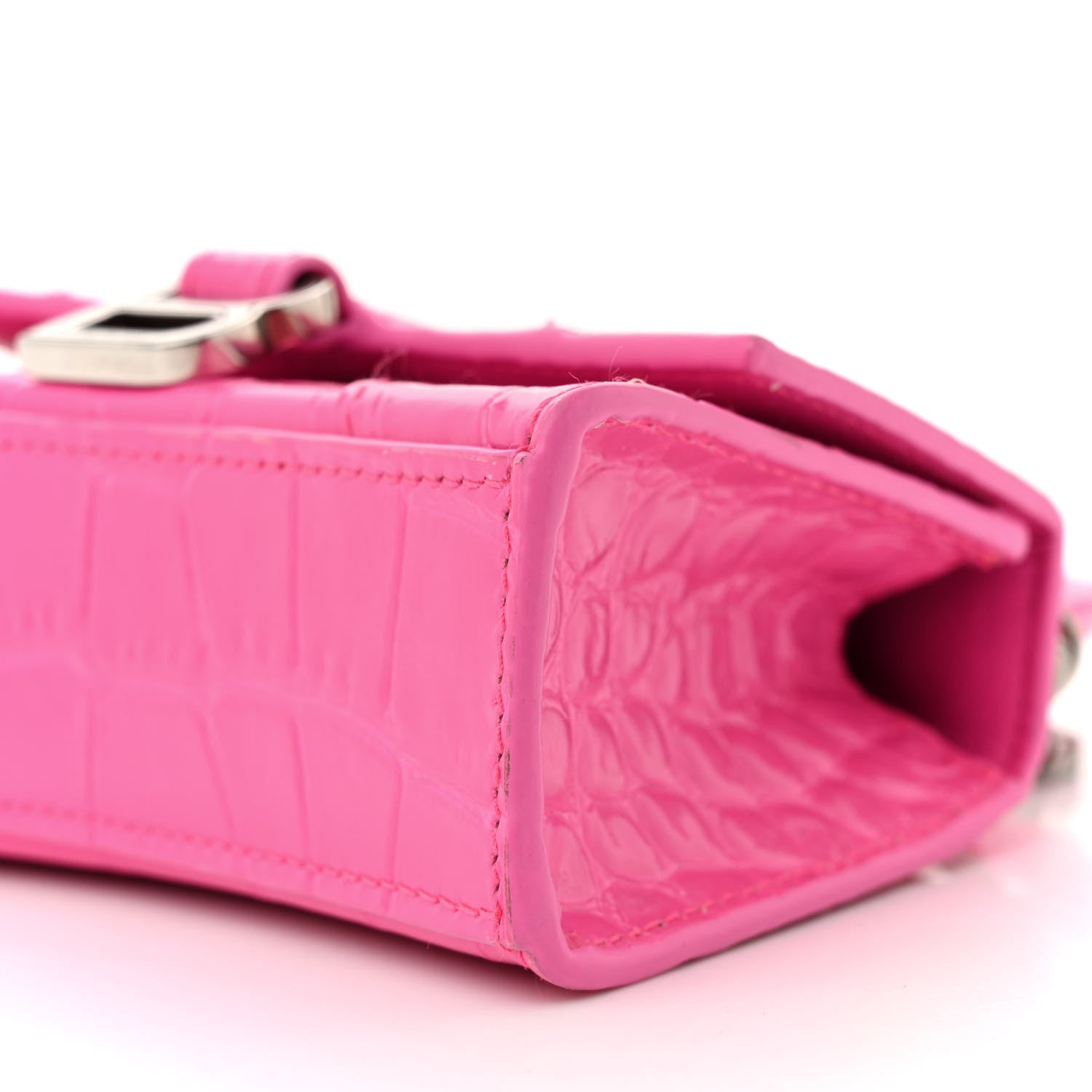 Balenciaga Shiny Calfskin Crocodile Embossed Hourglass Top Handle Bag Mini with Chain Neon Pink 9 of 14