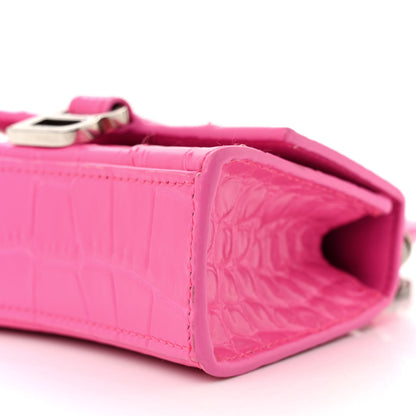 Balenciaga Shiny Calfskin Crocodile Embossed Hourglass Top Handle Bag Mini with Chain Neon Pink 9 of 14
