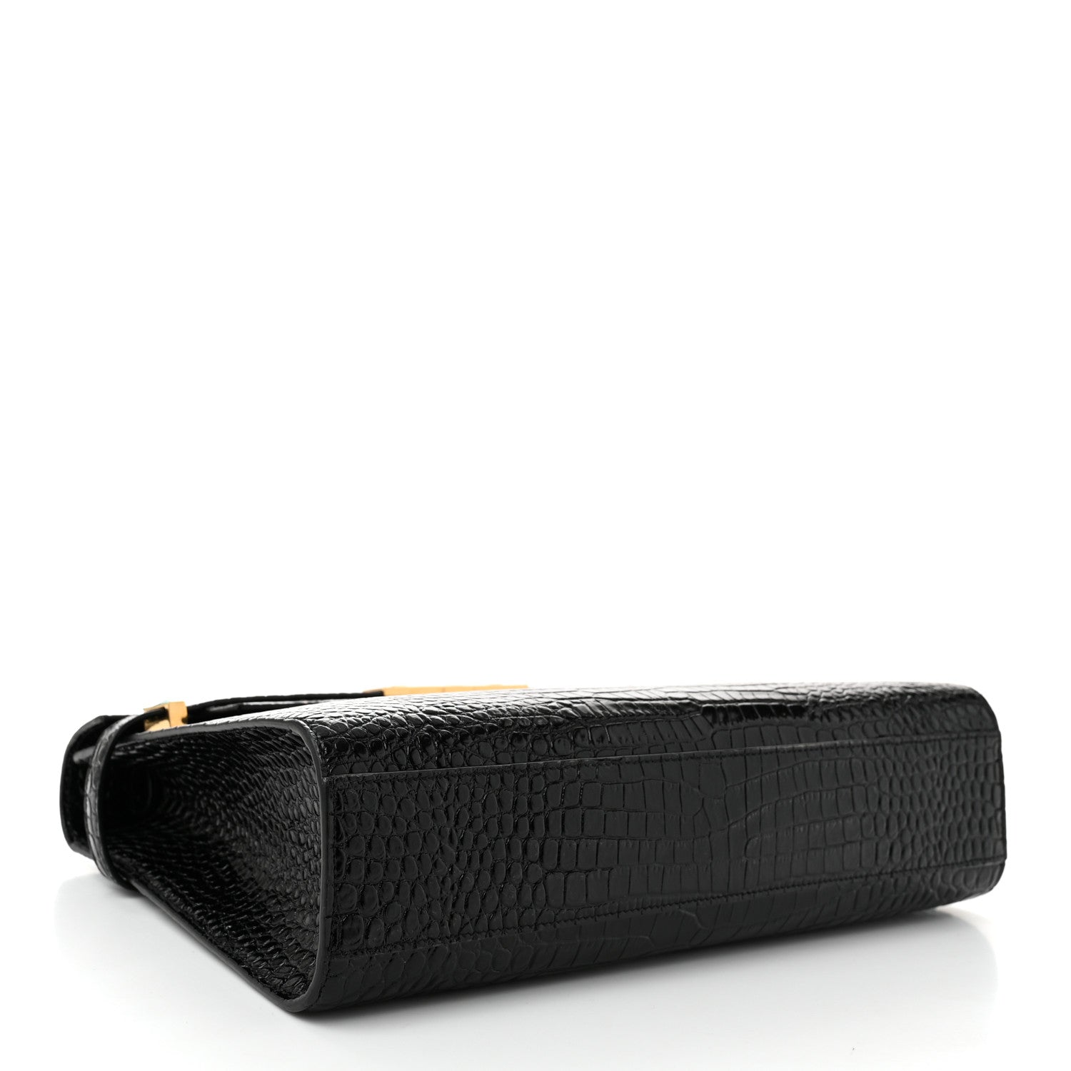 Saint Laurent Shiny Calfskin Crocodile Embossed Manhattan Baguette Black 4 of 10