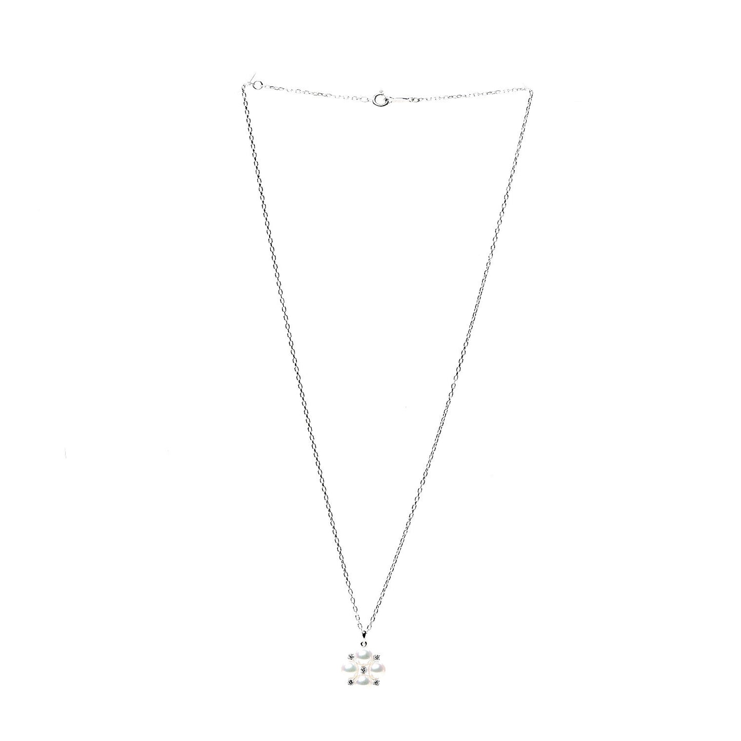 18K White Gold Diamond Akoya Pearl 5.5mm Cluster Pendant Necklace