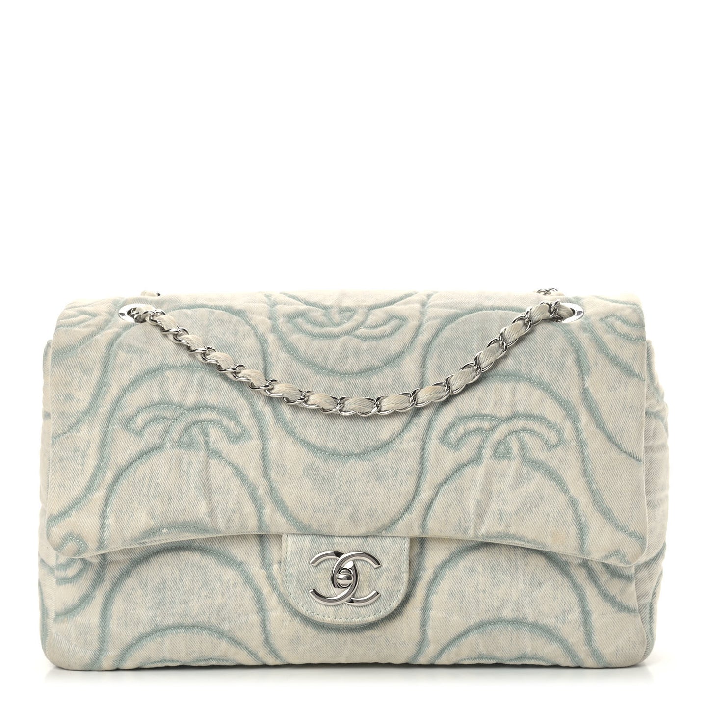 Denim Embossed CC Logo Print Jumbo Single Flap Blue