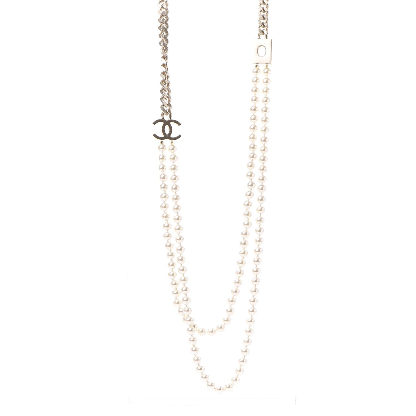 Pearl Chain CC Long Necklace Gold