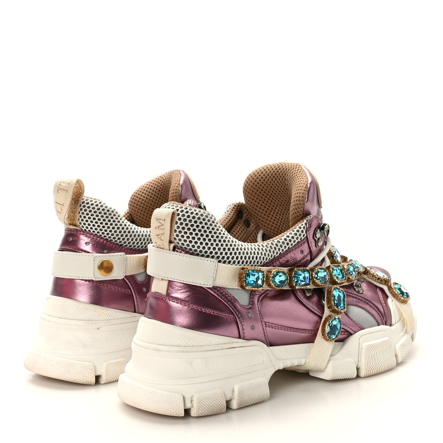 X SEGA Metallic Calfskin Mesh Removable Crystals Womens Flashtrek Sneakers 40.5 Rosa Great 40.5 White Silver