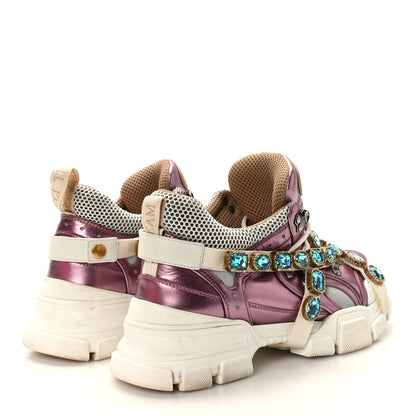 Gucci X SEGA Metallic Calfskin Mesh Removable Crystals Womens Flashtrek Sneakers 40.5 Rosa Great 40.5 White Silver 4 of 7