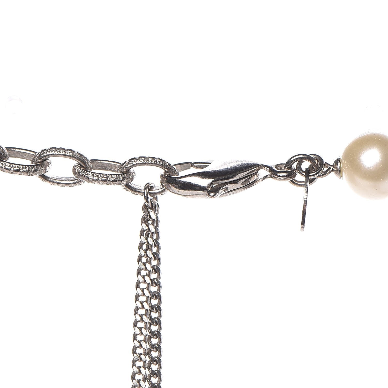 Chanel Pearl Bead Lace Print CC Long Necklace Silver Burgundy 4 of 5