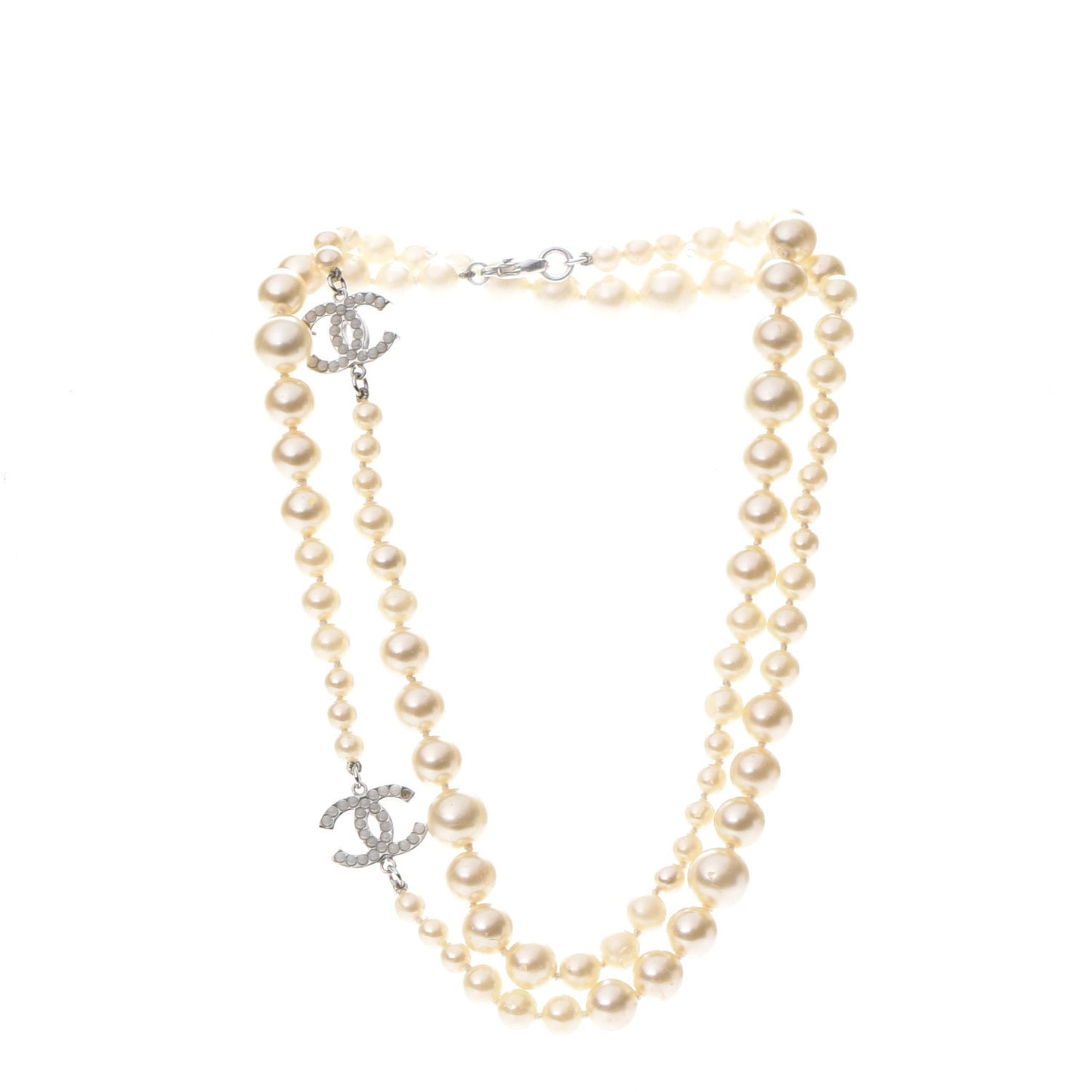 Graduated Pearl CC Long Necklace Silver