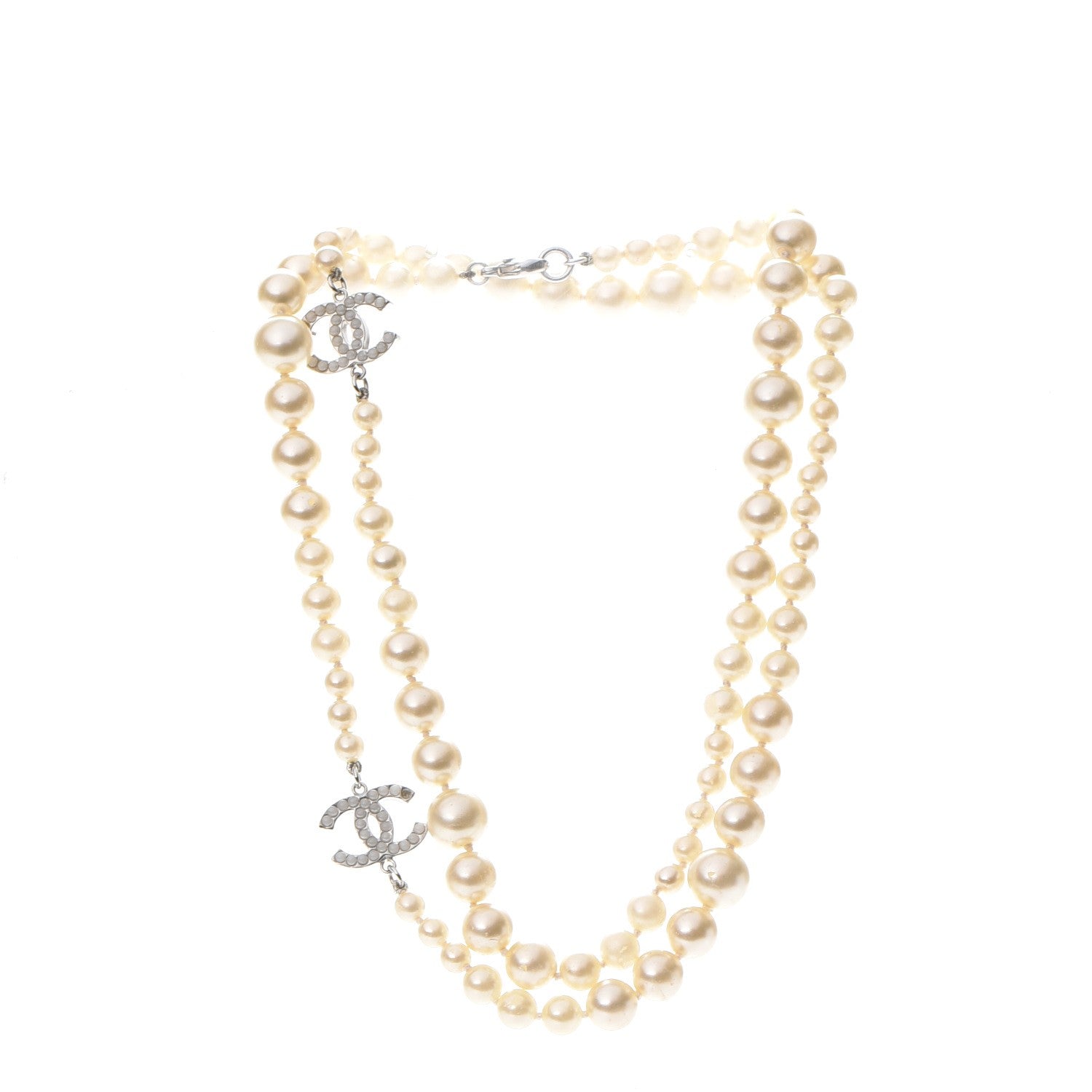 Chanel Graduated Pearl CC Long Necklace Silver 3 of 5
