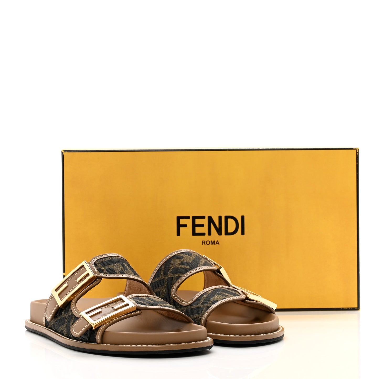 Fabric Jacquard Nappa FF Womens Fendi Feel Buckled Slide Sandals 37.5 Tobacco Black Miele Scuro