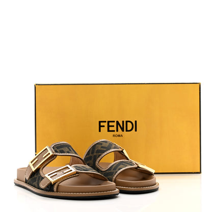 Fendi Fabric Jacquard Nappa FF Womens Fendi Feel Buckled Slide Sandals 37.5 Tobacco Black Miele Scuro 8 of 9