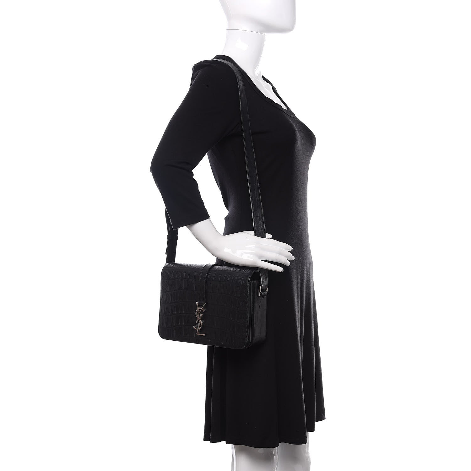 Saint Laurent Calfskin Crocodile Embossed Medium Monogram Universite Bag Black 2 of 10