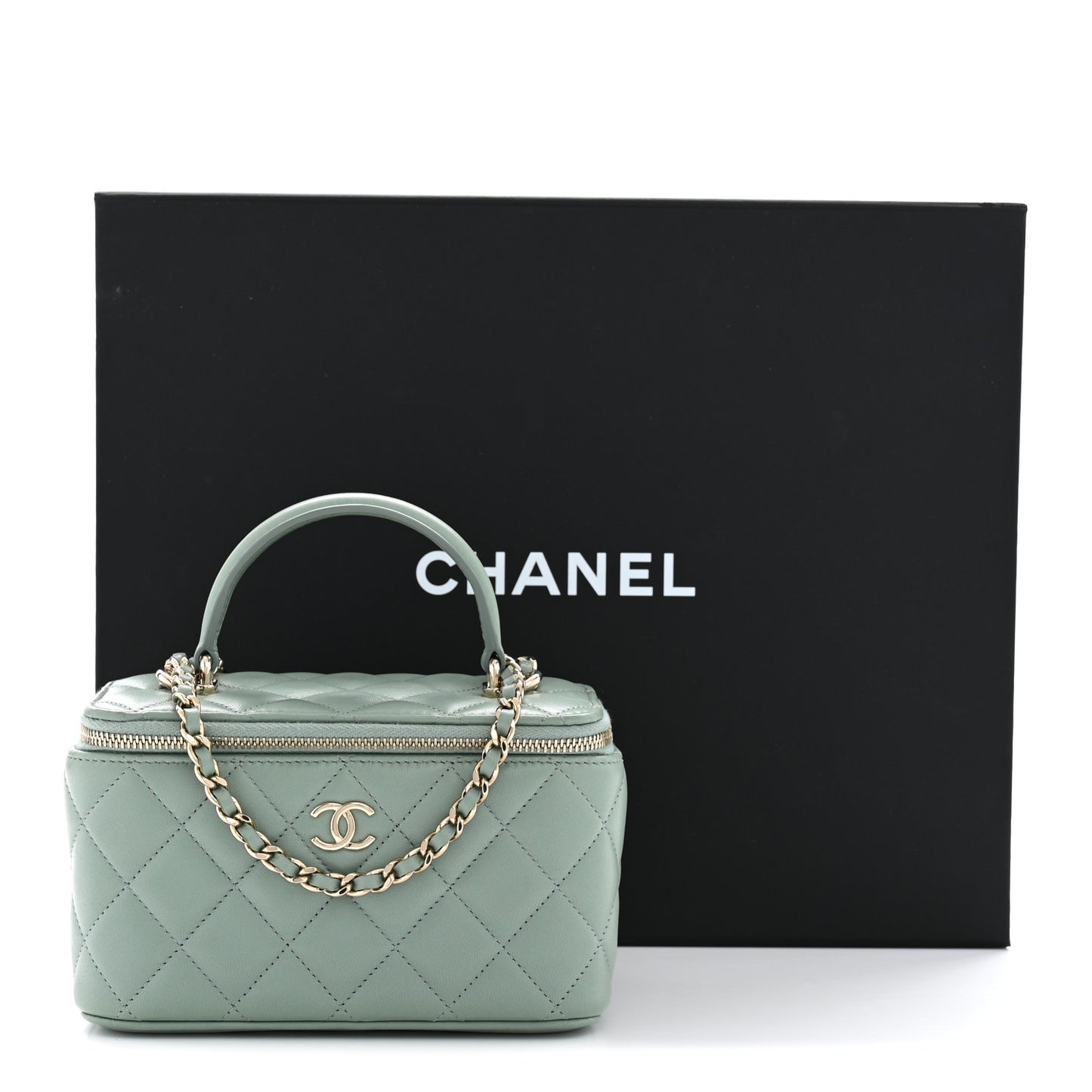 Lambskin Quilted Small Top Handle Vanity Case With Chain Light Green