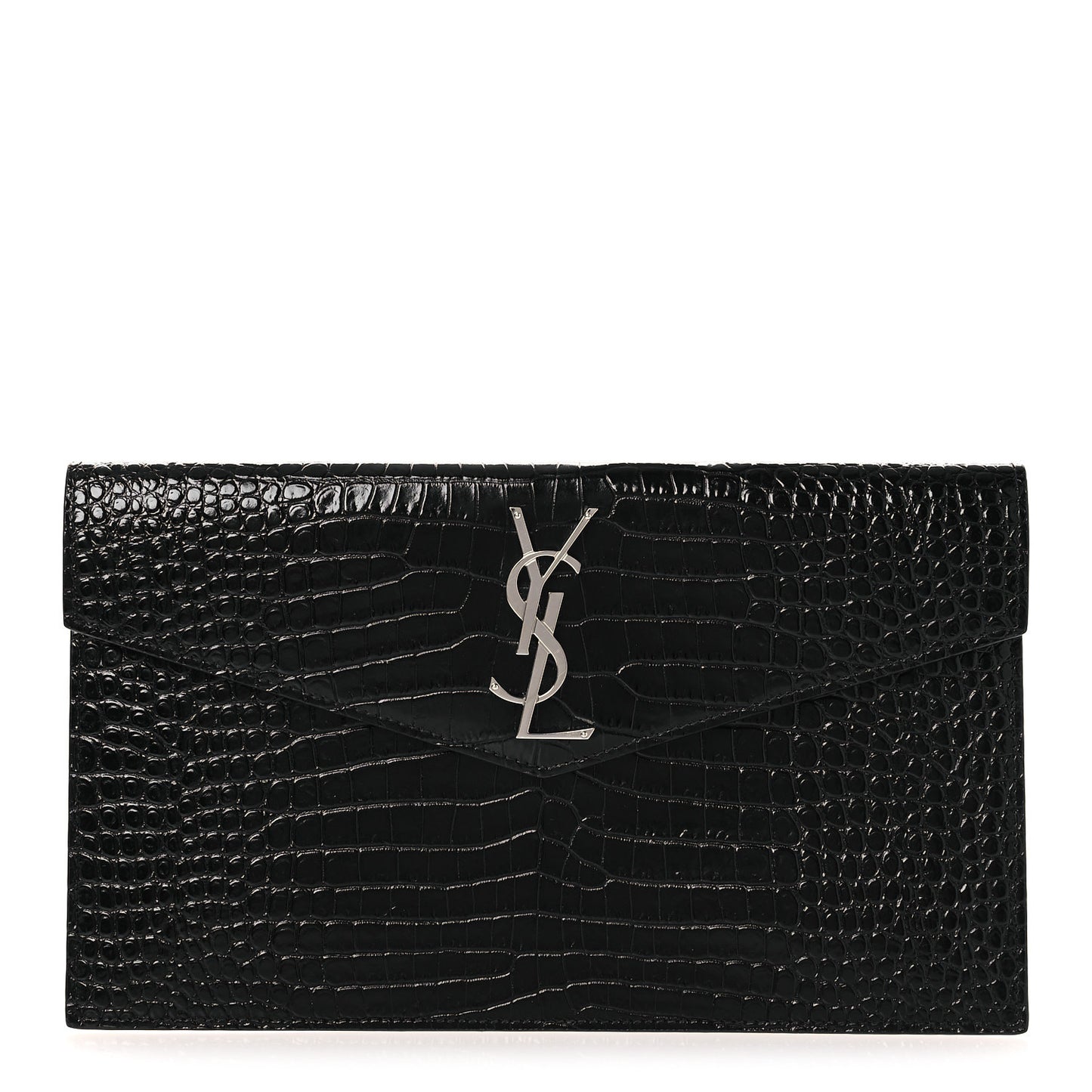 Calfskin Crocodile Embossed Uptown Monogram Clutch Black