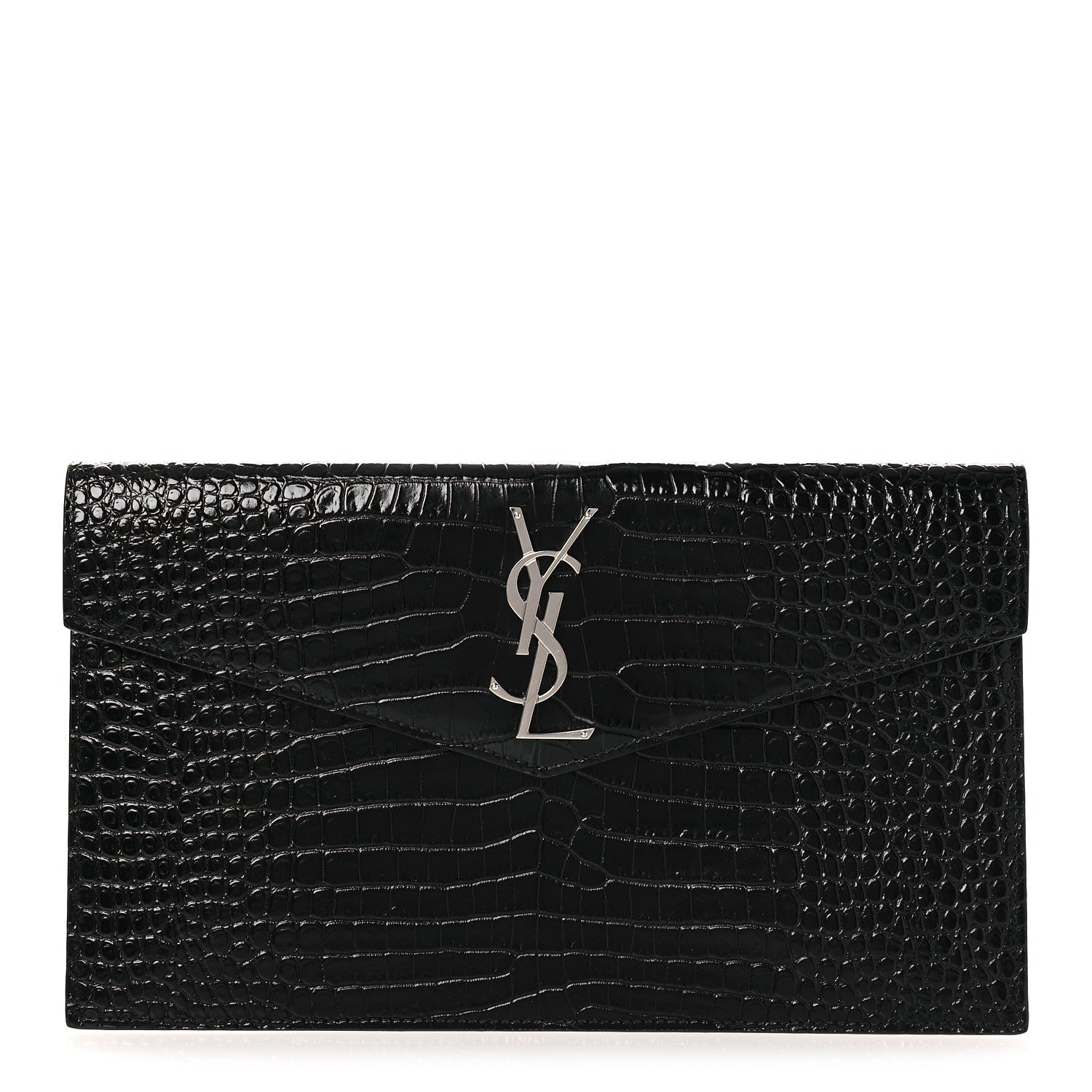 Saint Laurent Calfskin Crocodile Embossed Uptown Monogram Clutch Black 1 of 8
