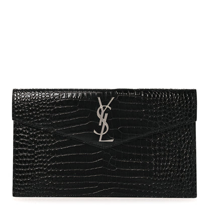 Saint Laurent Calfskin Crocodile Embossed Uptown Monogram Clutch Black 1 of 8