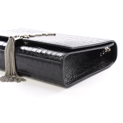 Saint Laurent Calfskin Crocodile Embossed Medium Classic Monogram Kate Tassel Satchel Black 6 of 8