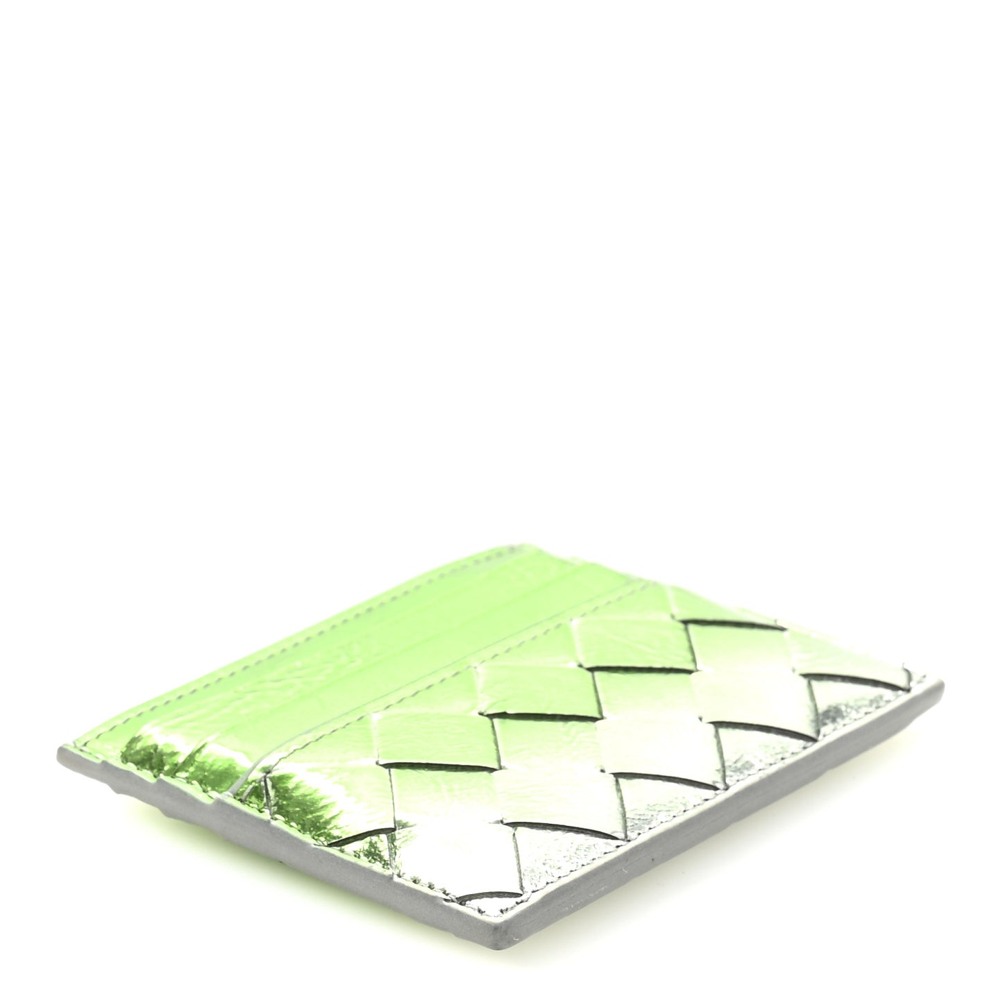 Metallic Laminated Goatskin Degrade Intrecciato Credit Card Case Silver Fresh Mint