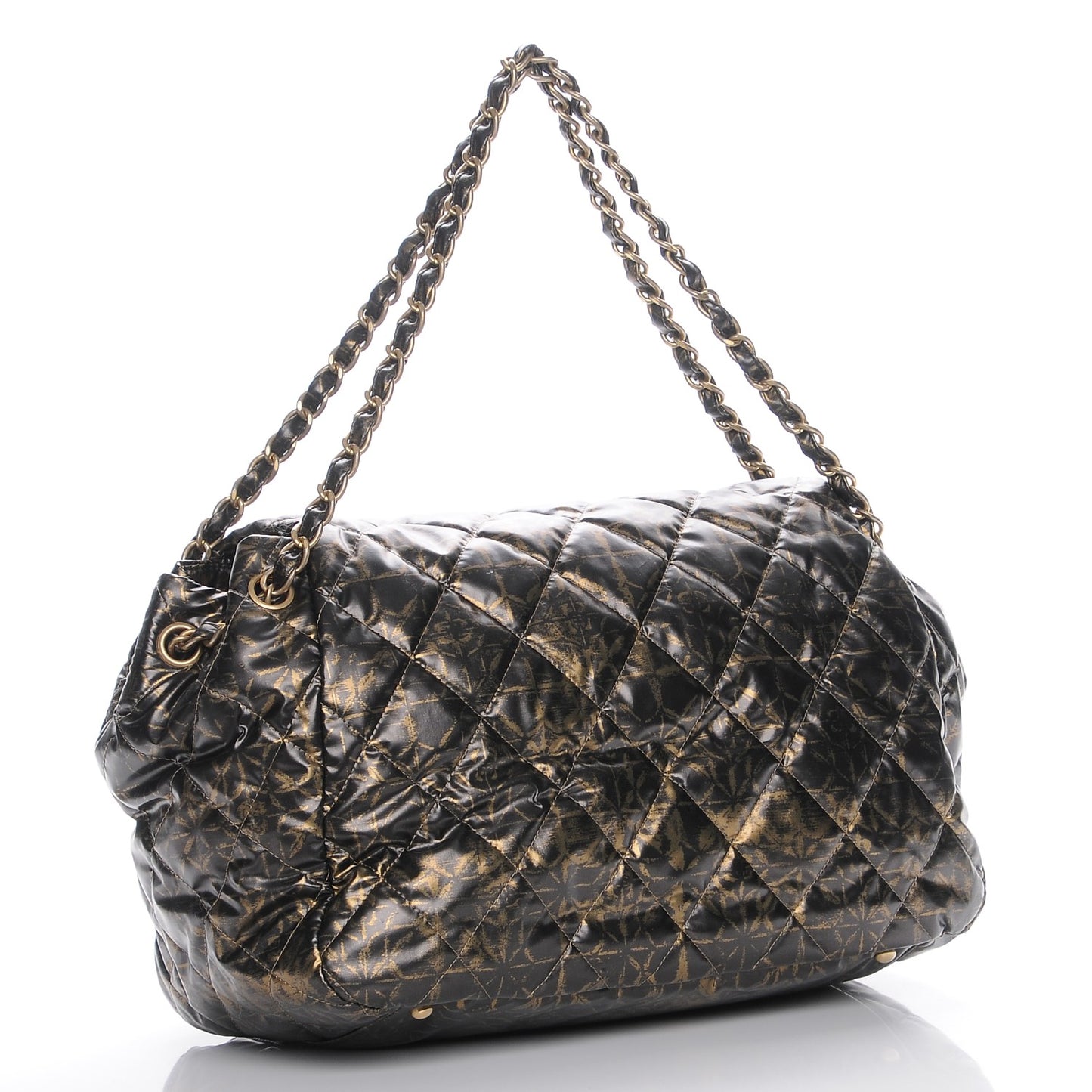 Nylon Printed Quilted Accordion Flap Black Gold