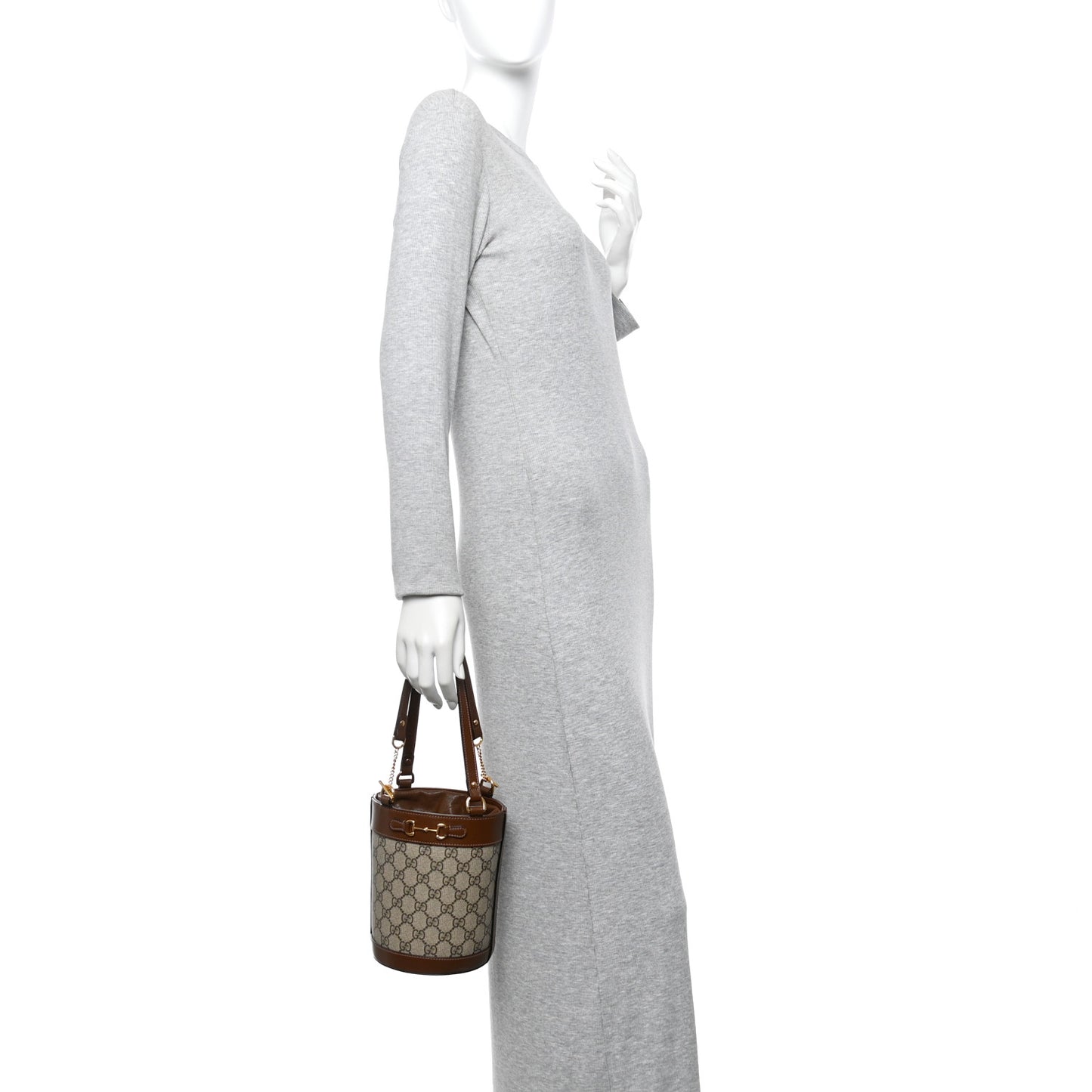 GG Supreme Monogram Azalea Sakai Calfskin Small Horsebit 1955 Drawstring Bucket Bag Beige Ebony Brown Sugar