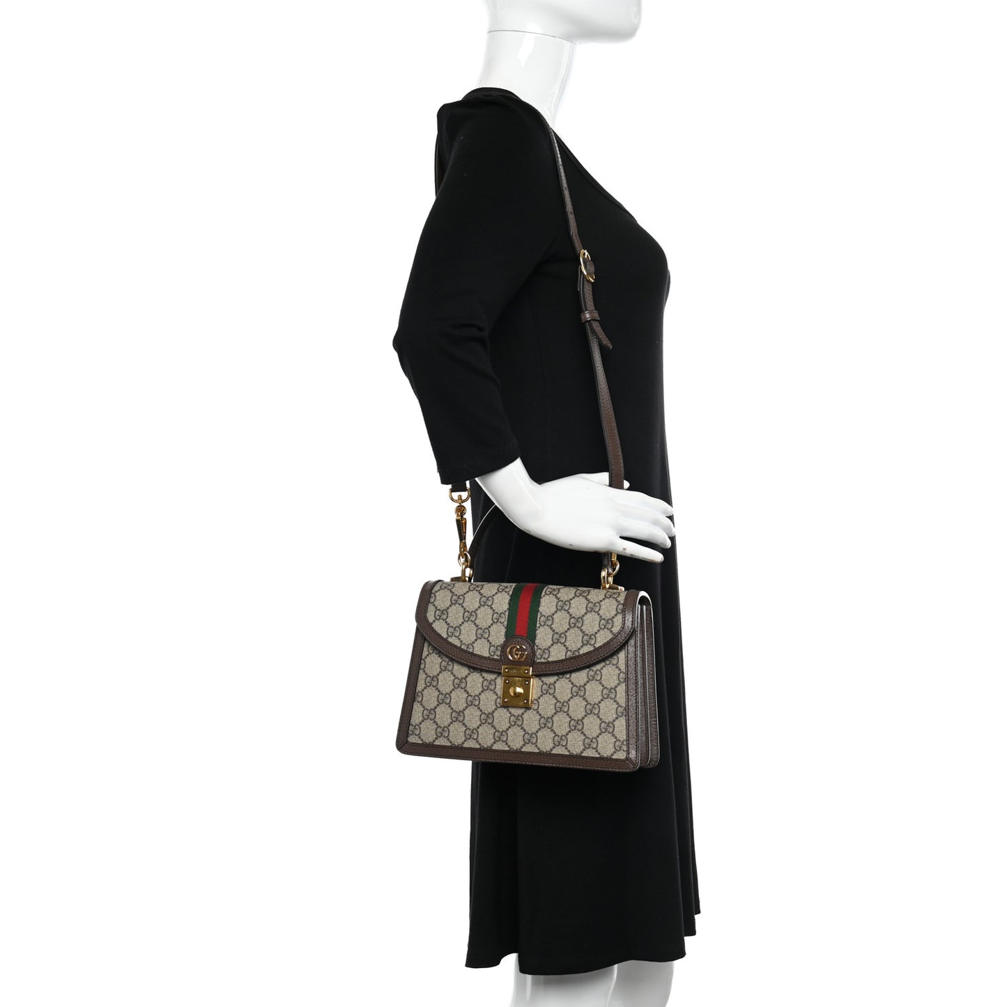 GG Supreme Monogram Textured Dollar Calfskin Web Small Ophidia Padlock Top Handle Bag Beige Ebony New Acero