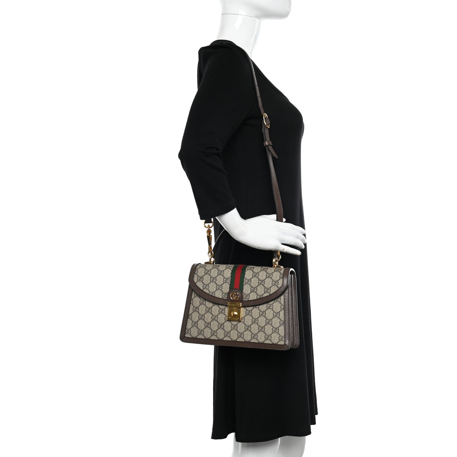 Gucci GG Supreme Monogram Textured Dollar Calfskin Web Small Ophidia Padlock Top Handle Bag Beige Ebony New Acero 2 of 10
