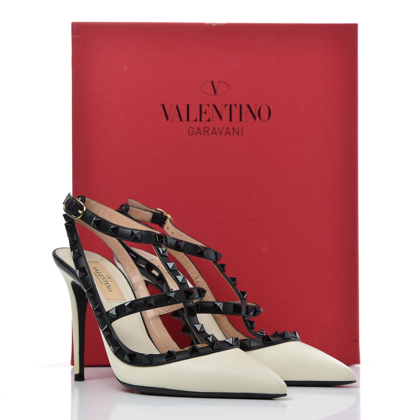 Calfskin Rockstud Ankle Strap 100mm Pumps 37.5 Light Ivory Black