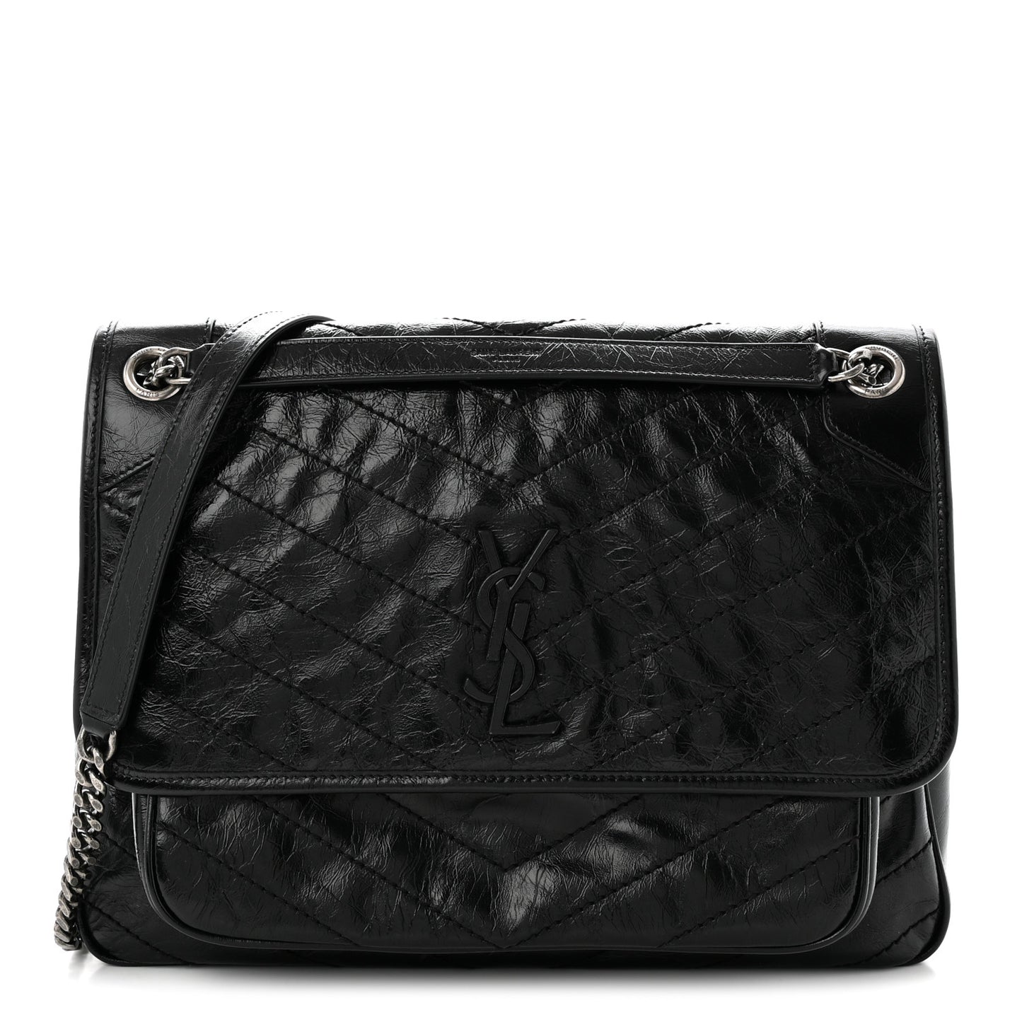 Crinkled Calfskin Matelasse Monogram Large Niki Chain Satchel Black