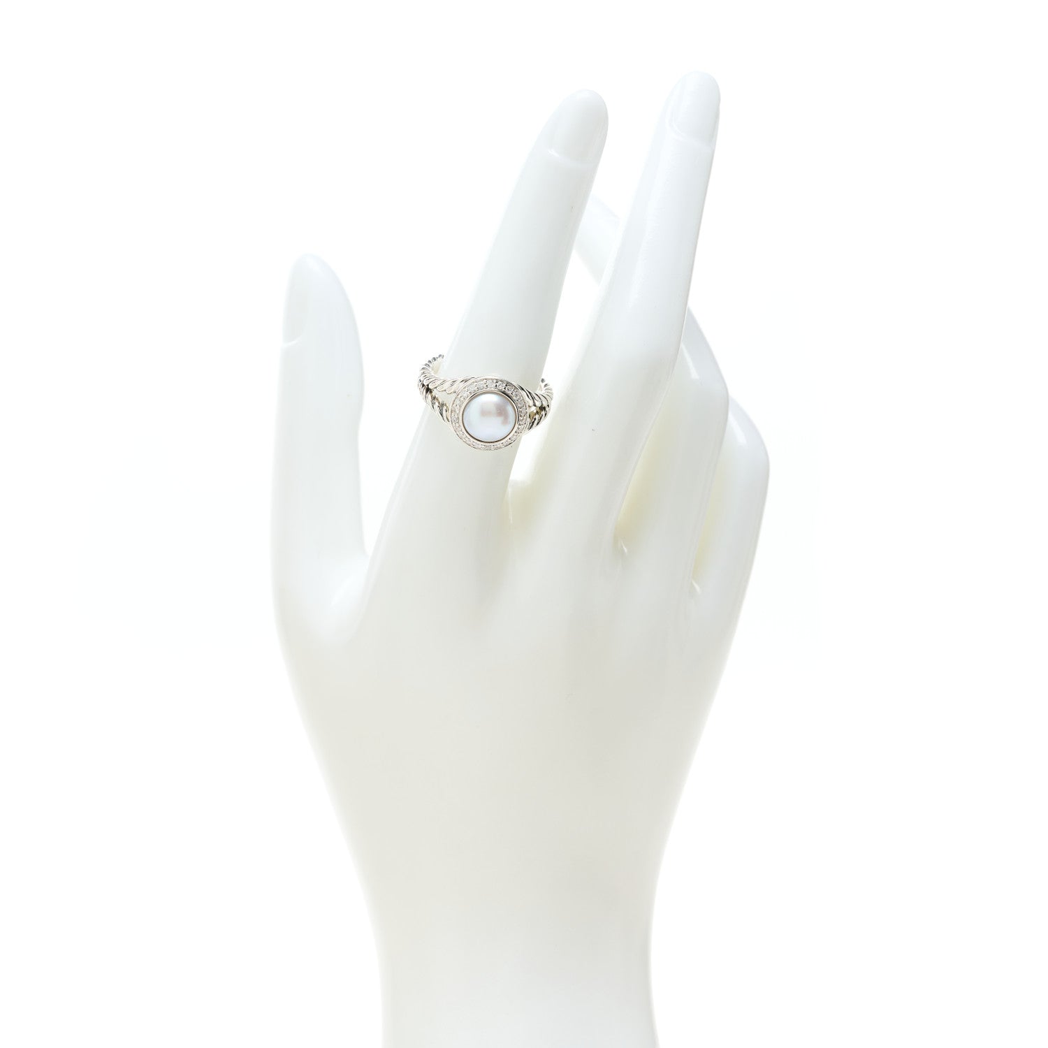 David Yurman Sterling Silver Diamond Pearl 8mm Petite Cerise Ring 54 7 2 of 4