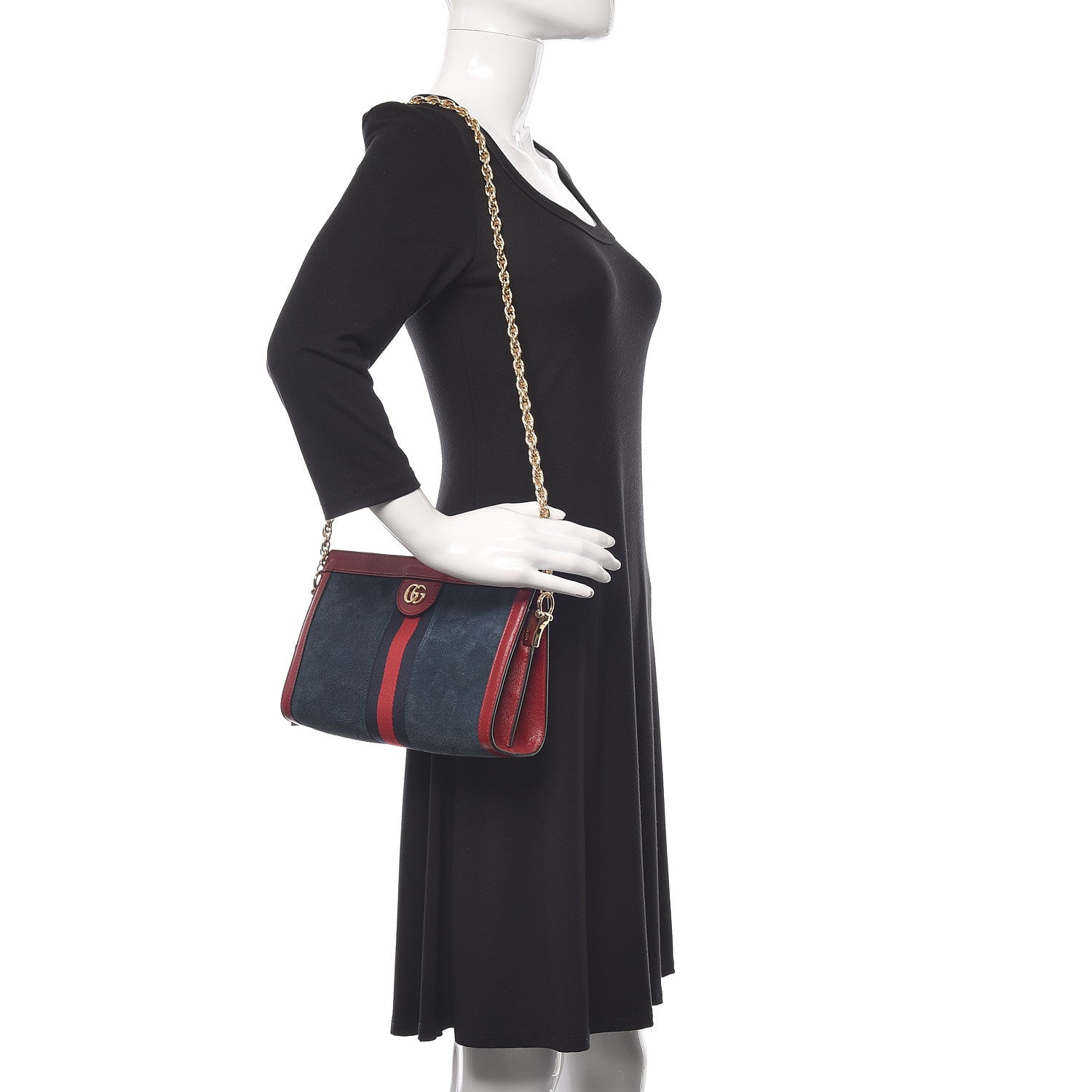 Gucci Suede Calfskin Web Small Ophidia Chain Shoulder Bag New Blue Romantic Cherry 2 of 10