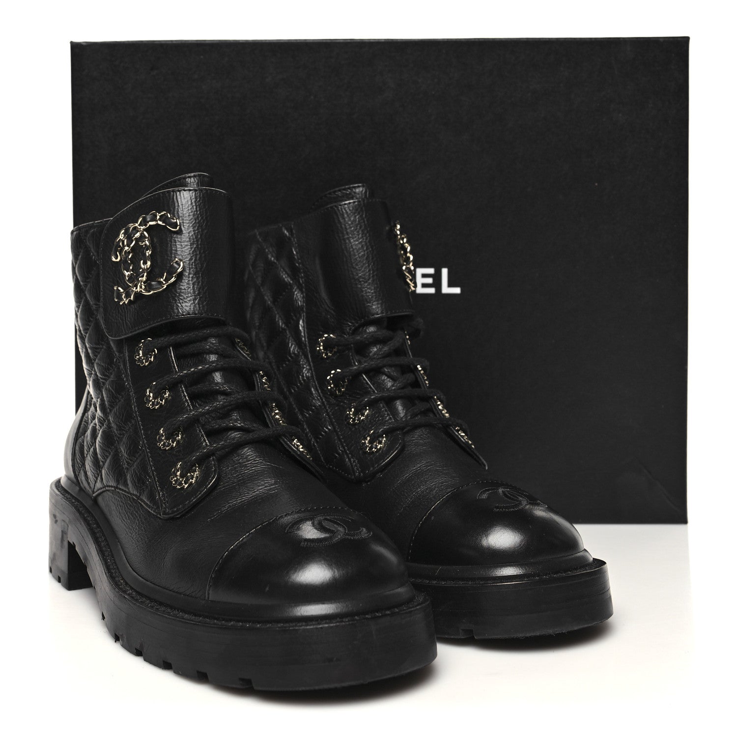 Chanel Shiny Calfskin Quilted Lace Up Combat Boots 39 Black 9 of 9