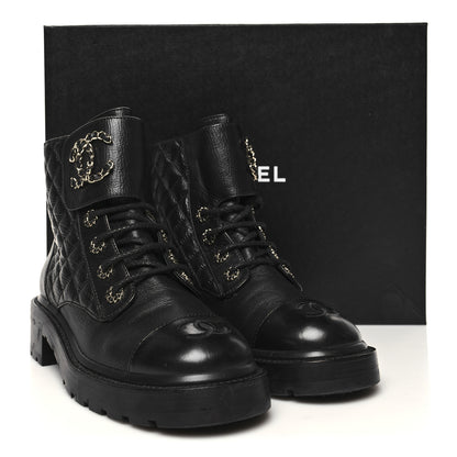 Chanel Shiny Calfskin Quilted Lace Up Combat Boots 39 Black 9 of 9