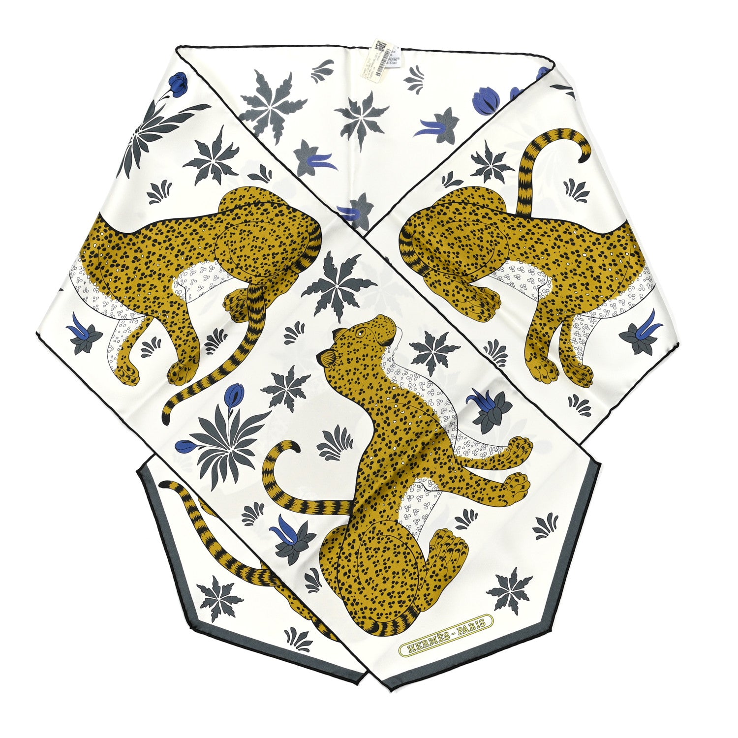 Hermes Silk Les Leopards Muffler White Modore Gris 1 of 5