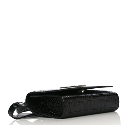 Saint Laurent Calfskin Crocodile Embossed Monogram Kate Belt Bag Black 4 of 20