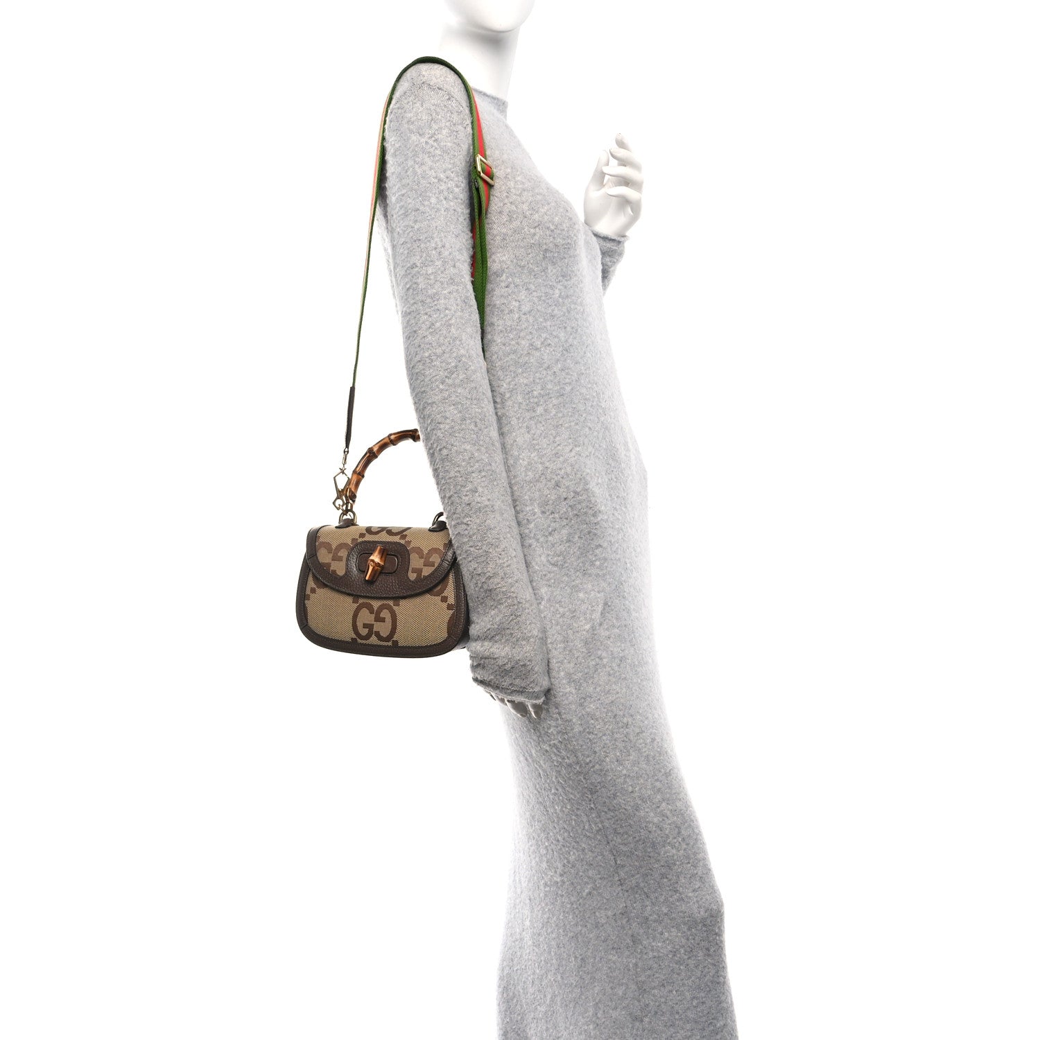Gucci Monogram Jumbo GG Textured Dollar Calfskin Web Small Bamboo 1947 Top Handle Bag Camel Ebony New Acero 2 of 10