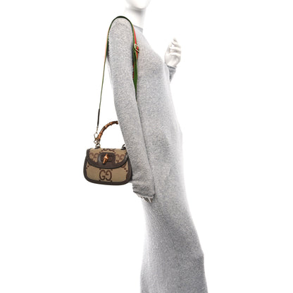 Gucci Monogram Jumbo GG Textured Dollar Calfskin Web Small Bamboo 1947 Top Handle Bag Camel Ebony New Acero 2 of 10