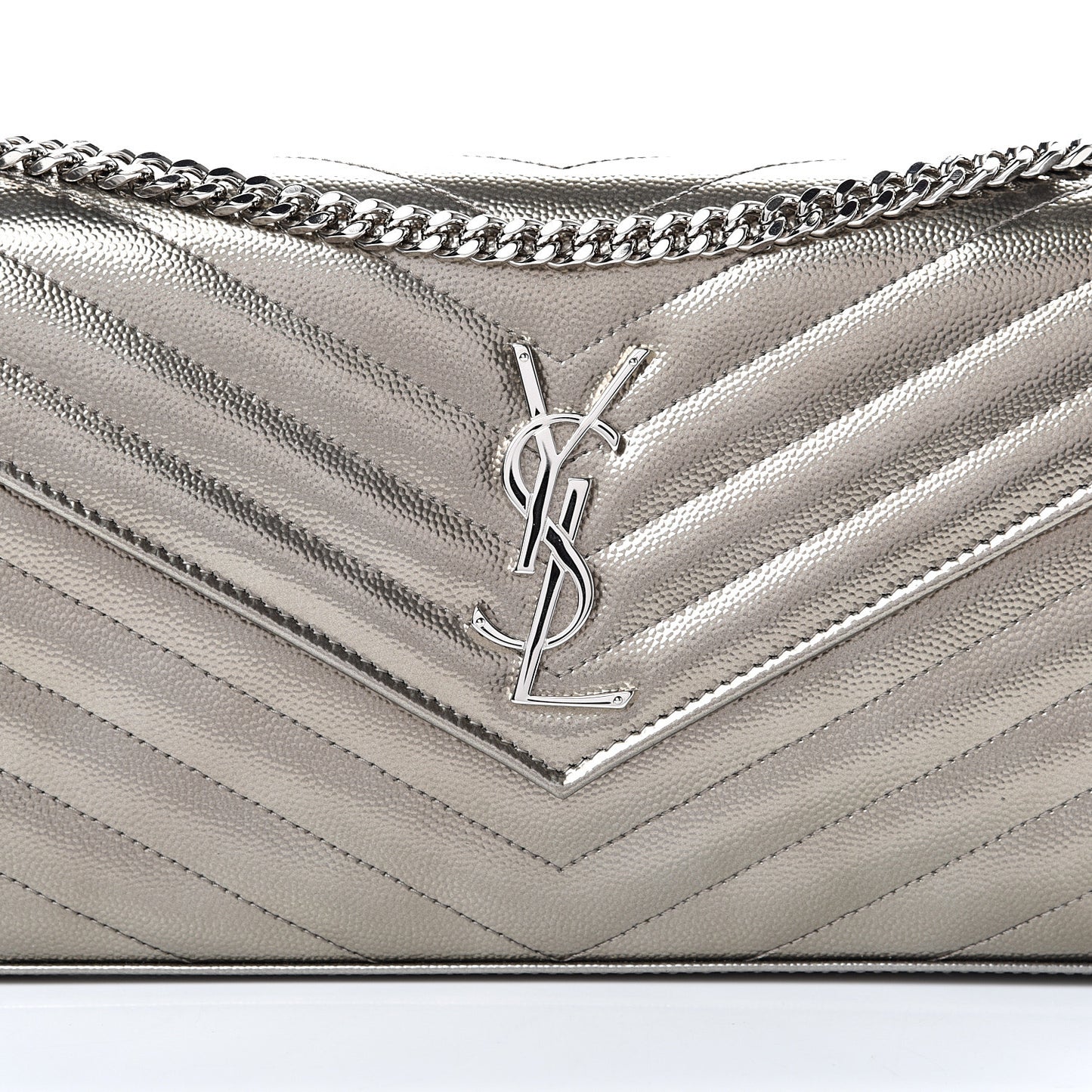 Metallic Grain De Poudre Matelasse Chevron Monogram Chain Wallet Piombo