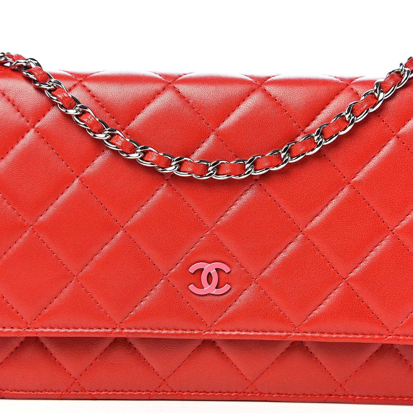 Lambskin Quilted Wallet On Chain WOC Red Pink