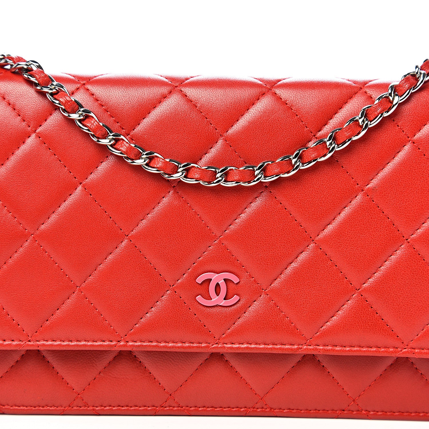 Chanel Lambskin Quilted Wallet On Chain WOC Red Pink 11 of 11