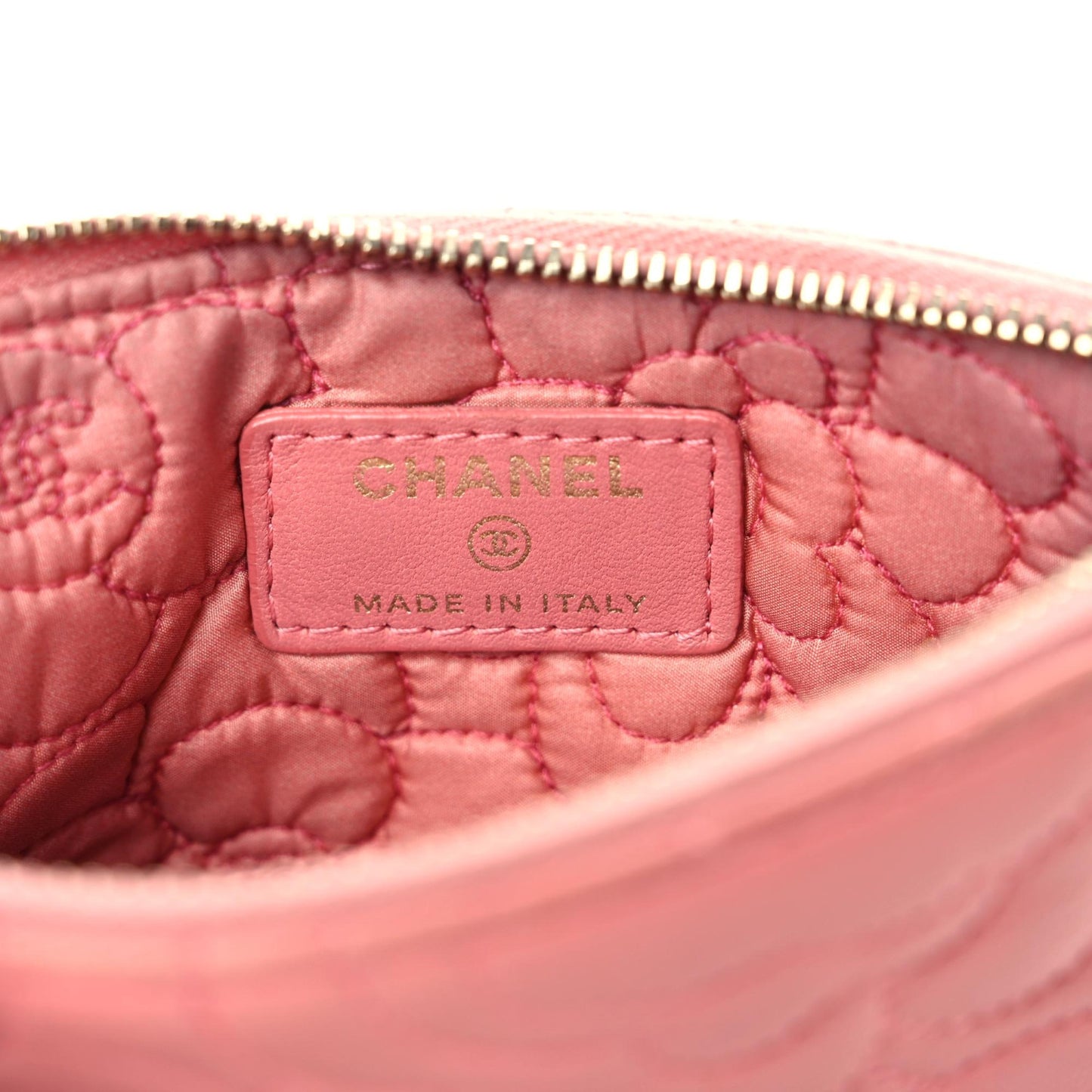 Lambskin Camellia Embossed Cosmetic Pouch Pink