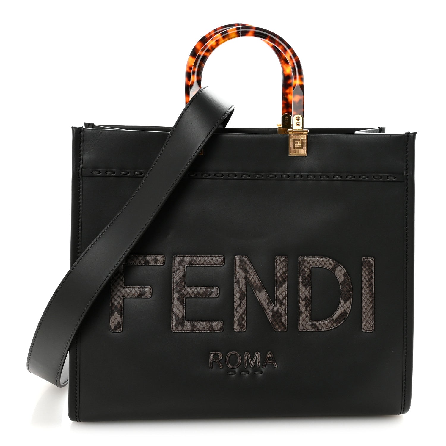 Fendi Vitello King Plexiglass Elaphe Snakeskin Print Logo Medium Fendi Sunshine Shopper Tote Dark Asphalt 1 of 9