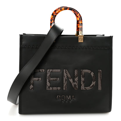 Fendi Vitello King Plexiglass Elaphe Snakeskin Print Logo Medium Fendi Sunshine Shopper Tote Dark Asphalt 1 of 9