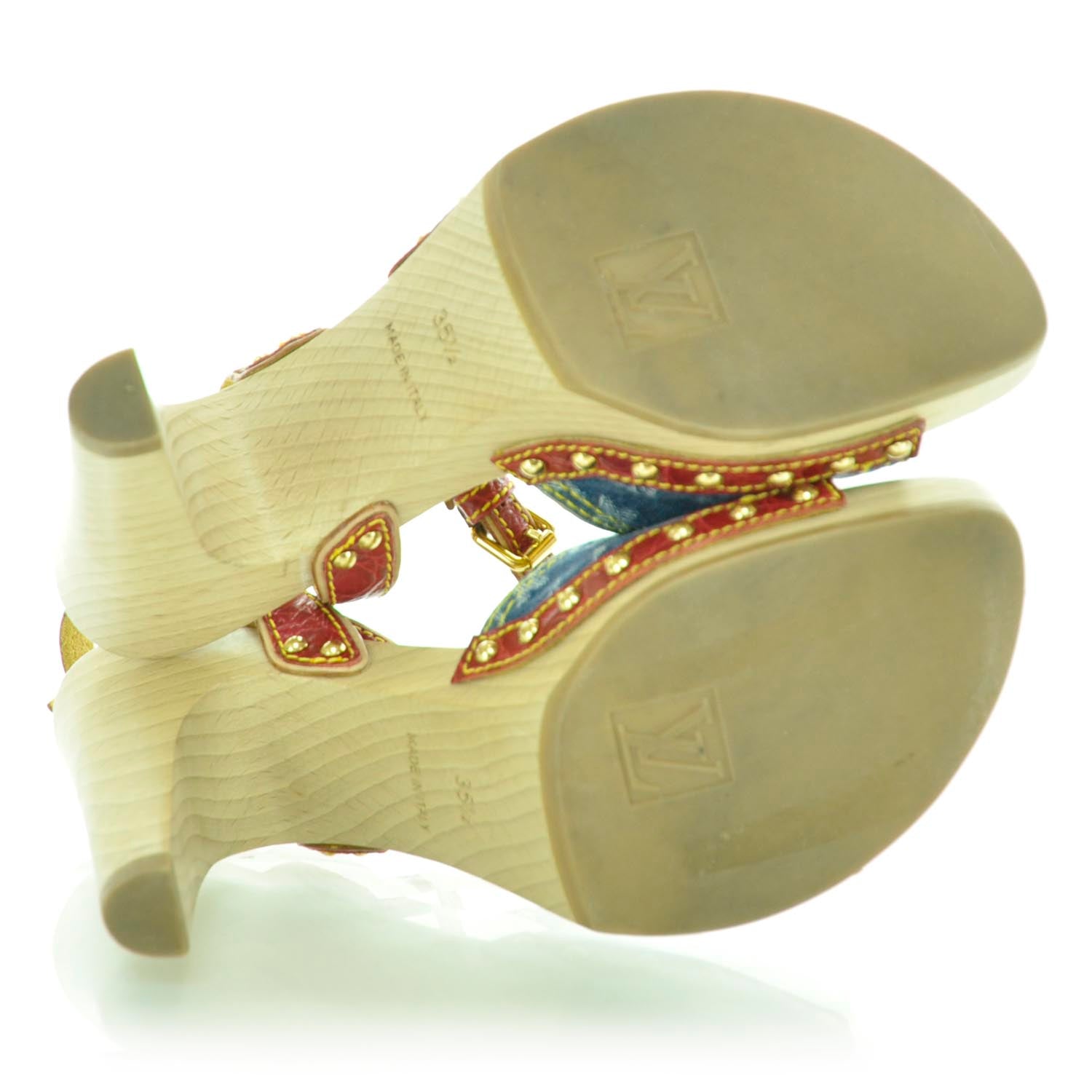 Louis Vuitton Monogram Denim Sandal Wooden Heels 35.5 7 of 10