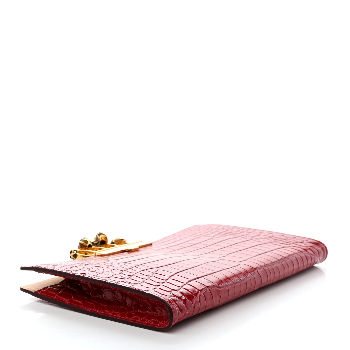 Calfskin Crocodile Embossed Knuckle Flat Clutch Red