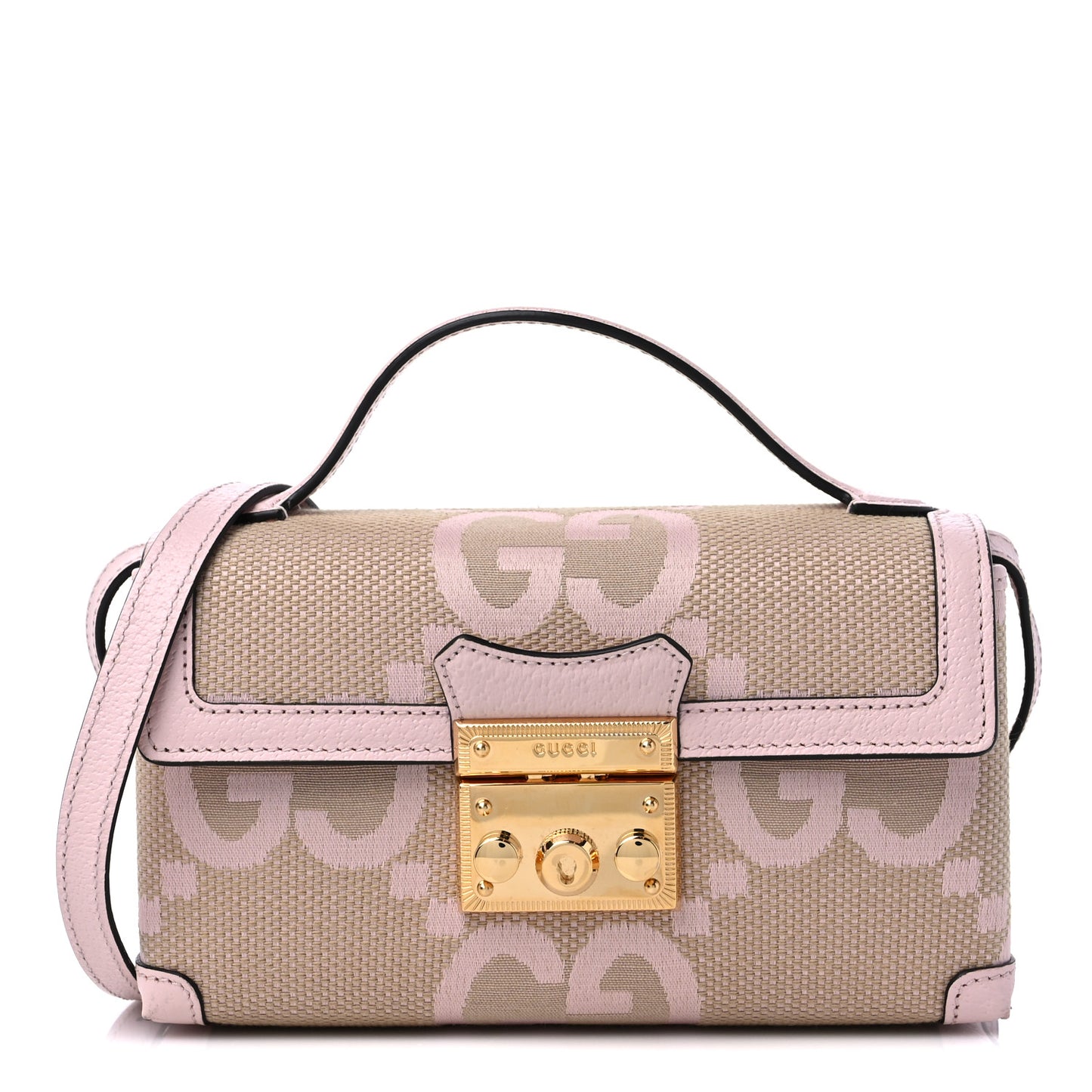 Monogram Jumbo GG Textured Dollar Calfskin Mini Padlock Top Handle Shoulder Bag Beige Perfect Pink