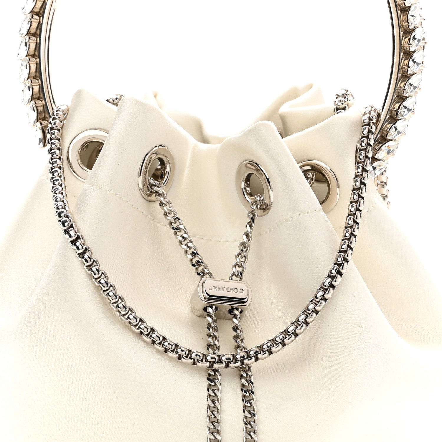 Jimmy Choo Satin Crystal Embellished Bon Bon Bucket Bag White 8 of 12