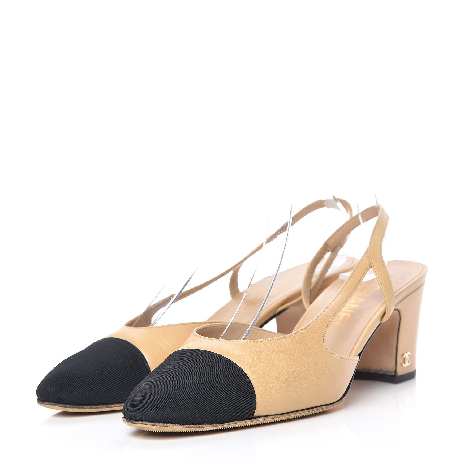 Chanel Goatskin Grosgrain Cap Toe CC Slingback Pumps 37.5 Beige Black 3 of 17