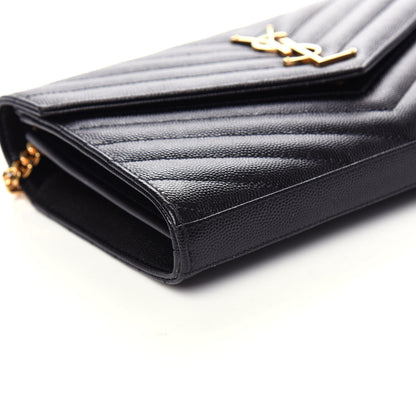 Saint Laurent Grain De Poudre Matelasse Chevron Monogram Chain Wallet Black 7 of 8