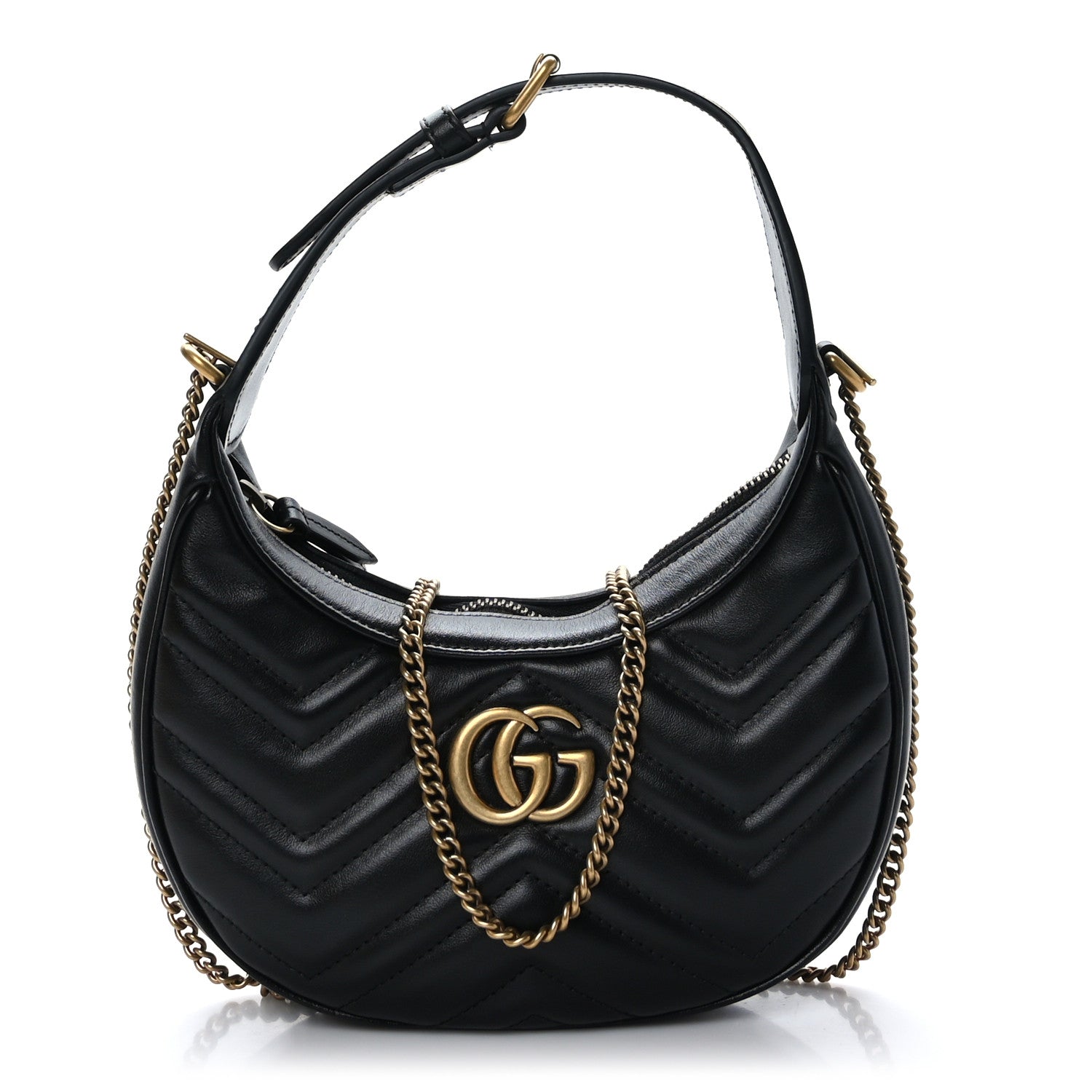 Gucci Calfskin Matelasse Chevron Mini GG Marmont Half Moon Hobo Black 1 of 8