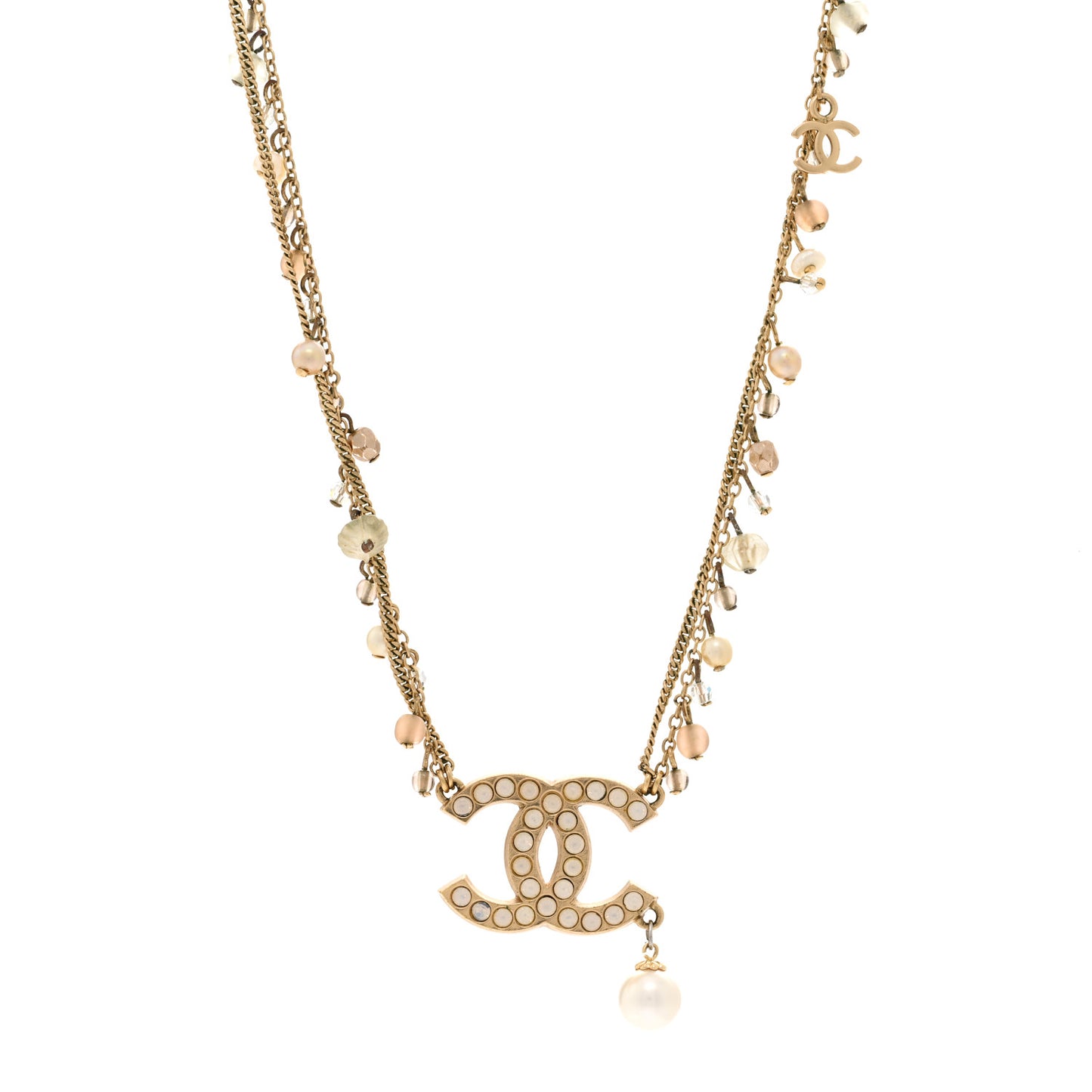 Pearl Crystal CC Double Chain Necklace Gold