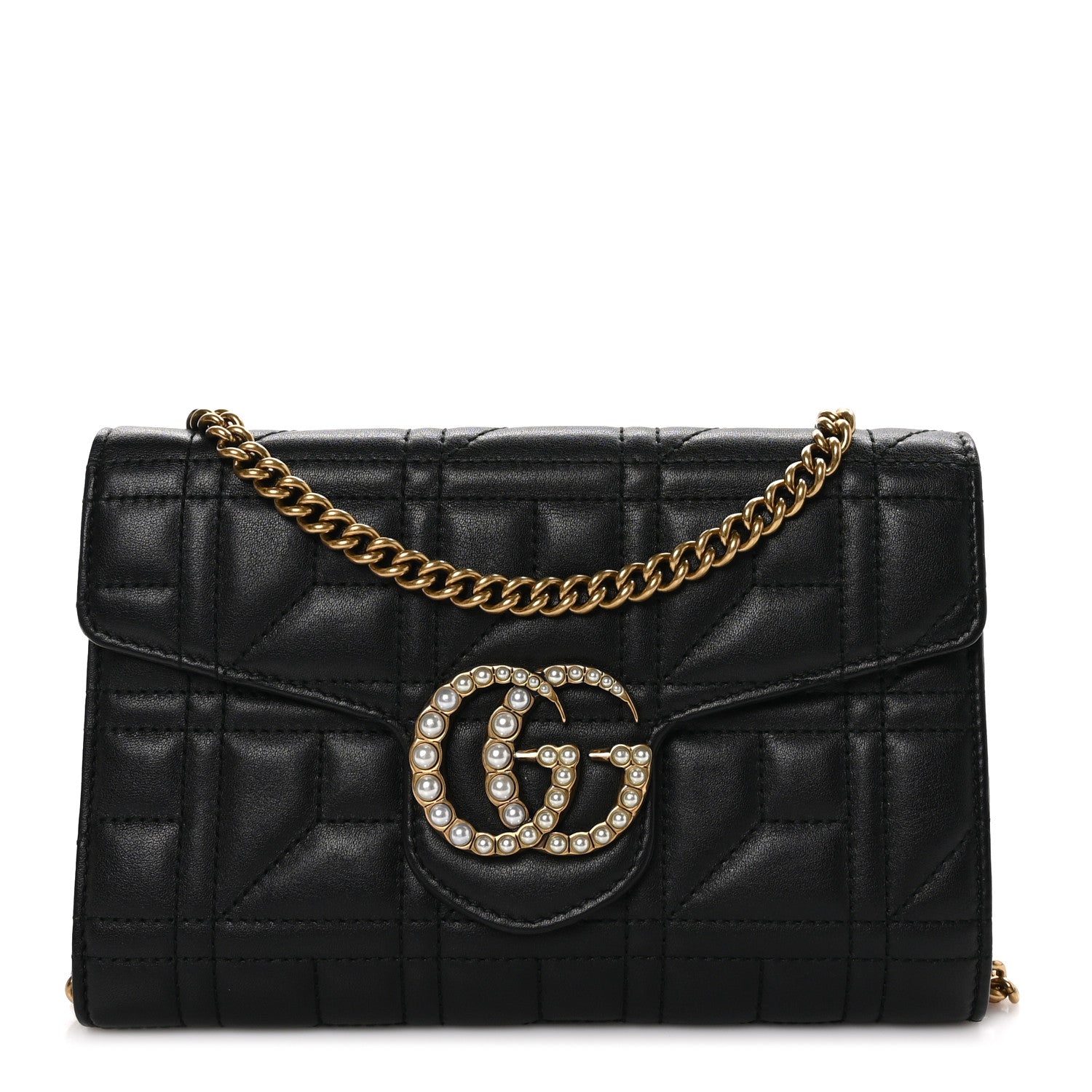 Gucci Calfskin Matelasse Mini Pearly GG Marmont Chain Wallet Black 1 of 10